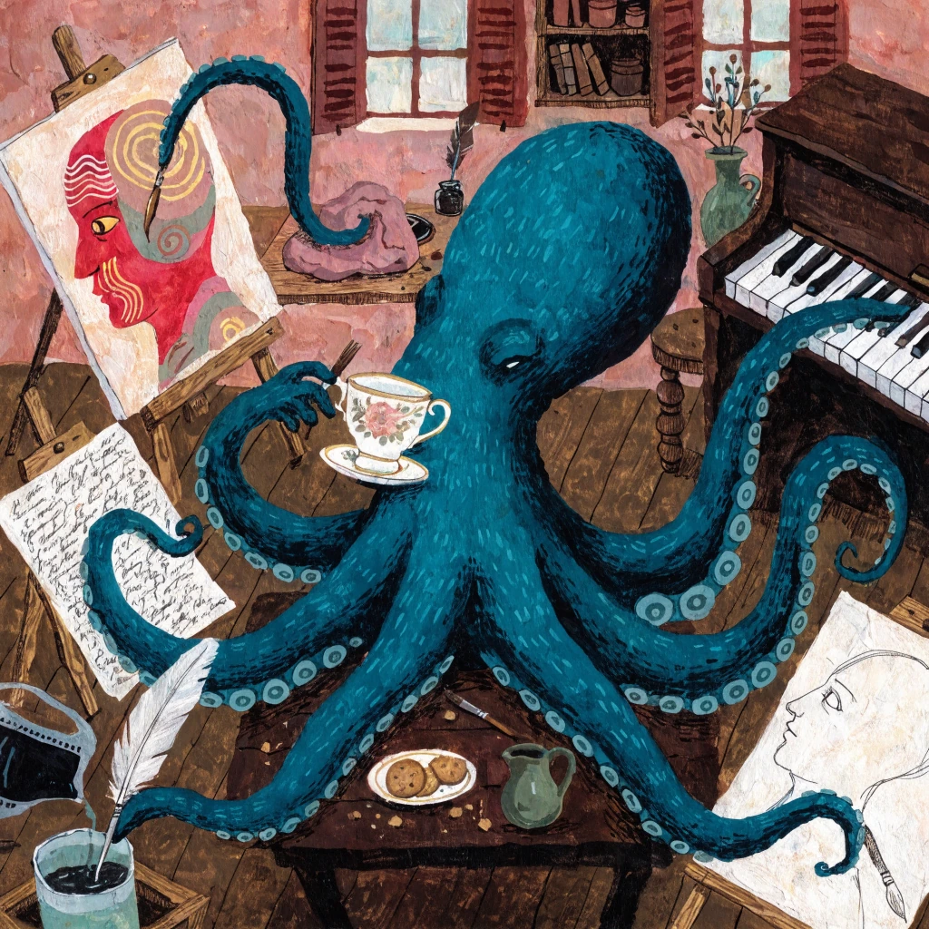 A teal octopus paints, writes, plays the piano and holds a teacup in a creative studio.