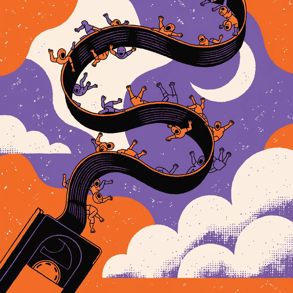 People ride a flowing black video-tape ribbon against orange, purple and cream shapes.